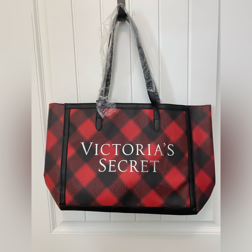 Victoria’s Secret gingham open top tote bag. Red & Black. NWT. 15x12x5.